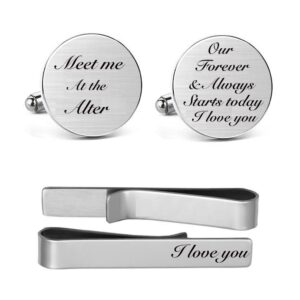 groom gifts from bride meet me at the alter cufflinks cuff links engraved anniversary wedding party cufflinks & tie clip bar tacks (meet me at the alter round)