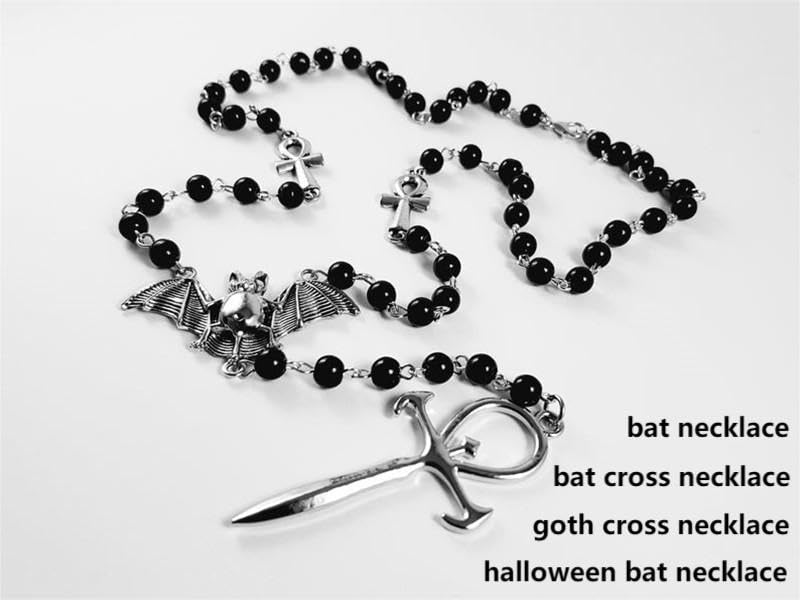 Ankh Cross Bat Necklace Religious Grunge Gothic Vampire Black Long Rosary Beaded Ancient Egyptian Necklace for Women