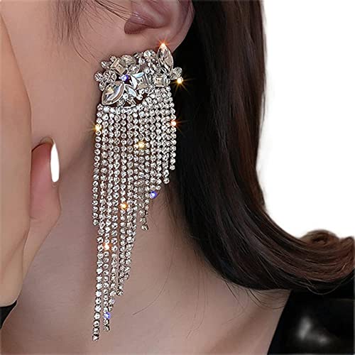 Octwine Long Tassel Full Bling Bling Fashion Crystal Rhinestone Drop Earrings Oversized Wedding Prom Party Long Rhinestone Earrings for Women