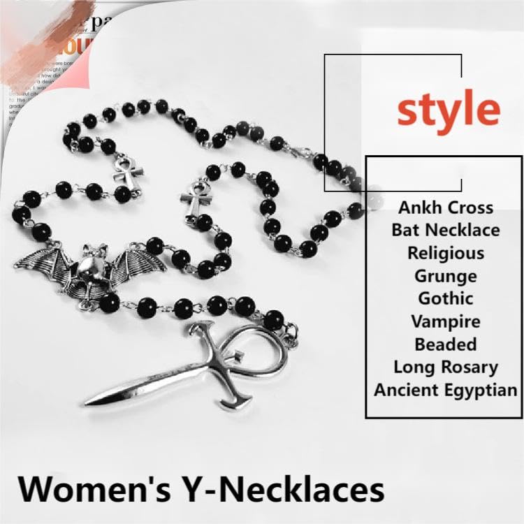 Ankh Cross Bat Necklace Religious Grunge Gothic Vampire Black Long Rosary Beaded Ancient Egyptian Necklace for Women