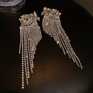 Octwine Long Tassel Full Bling Bling Fashion Crystal Rhinestone Drop Earrings Oversized Wedding Prom Party Long Rhinestone Earrings for Women