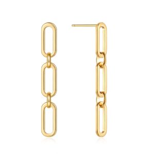 famarine gold chain drop earrings for women, 14k real gold plated, 52mm length, 7.5mm width, lightweight and durable