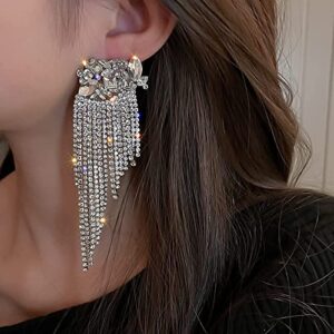 Octwine Long Tassel Full Bling Bling Fashion Crystal Rhinestone Drop Earrings Oversized Wedding Prom Party Long Rhinestone Earrings for Women