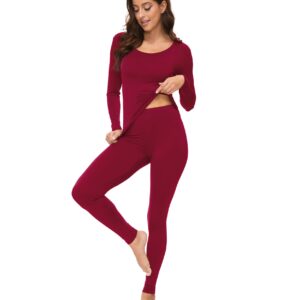 WiWi Soft Viscose from Bamboo Underwear for Women Thermal Long Johns Sets Super Warm Base Layer Top Pants Pajamas Set S-3X, Wine Red, Medium