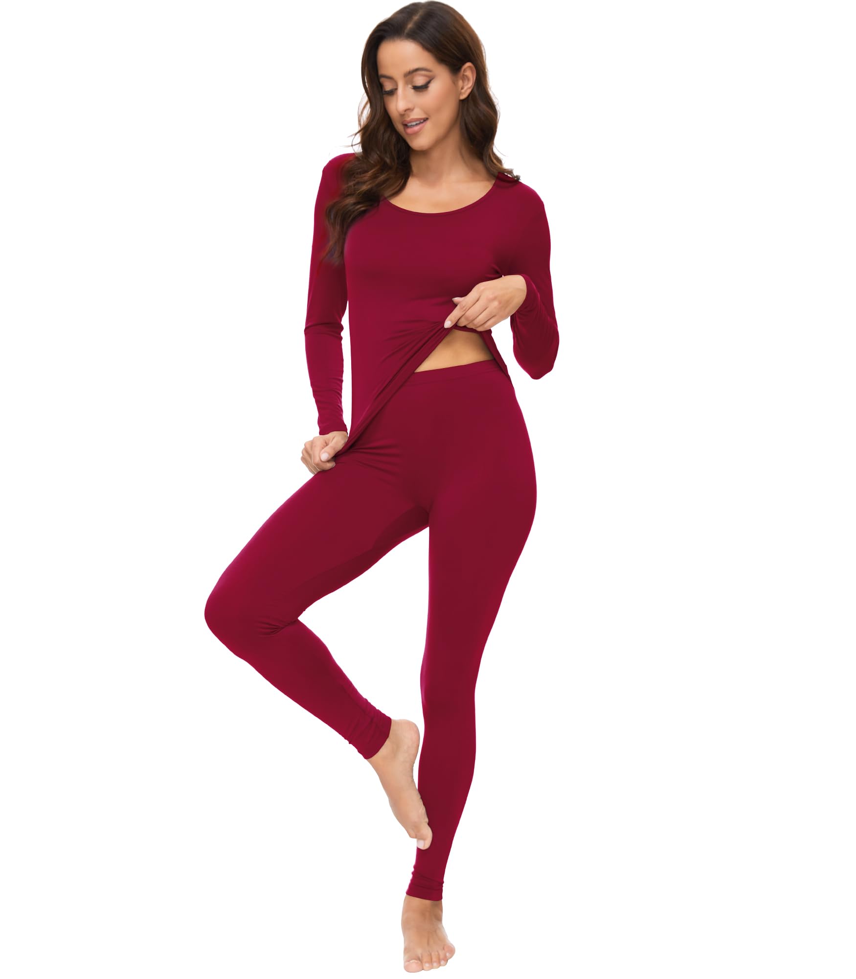 WiWi Soft Viscose from Bamboo Underwear for Women Thermal Long Johns Sets Super Warm Base Layer Top Pants Pajamas Set S-3X, Wine Red, Medium