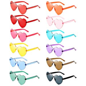 Pibupibu 12 Pack Colorful Heart Shaped Sunglasses for Women Bulk Rimless Glasses Transparent Bachelorette Party Favors