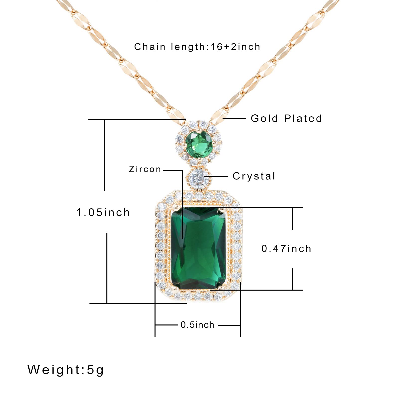 CKHAO Pendant Necklace for Women - Green Zircon Pendant 16''+2'' 18K Gold Plated Chain Women Jewelry HN1665