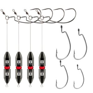 booms fishing tr1 tokyo rig, 4pack 1/2oz pre rigged punch shot rig, bass fishing accessories including brass bullet weights, ewg hooks, barrel swivel, split ring, steel wire, bead