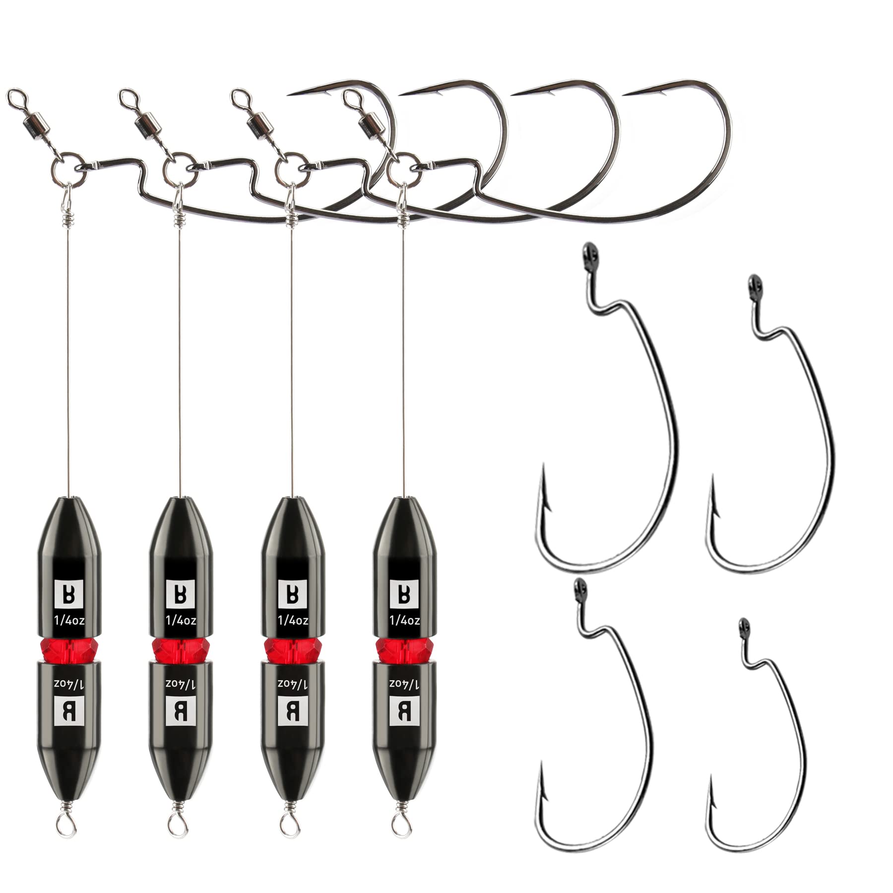 Booms Fishing TR1 Tokyo Rig, 4Pack 1/2oz Pre Rigged Punch Shot Rig, Bass Fishing Accessories Including Brass Bullet Weights, EWG Hooks, Barrel Swivel, Split Ring, Steel Wire, Bead