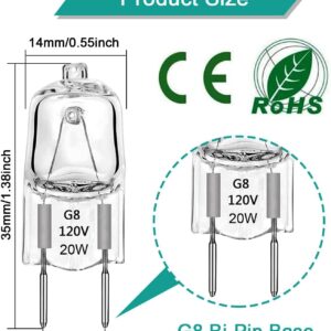 G8 Halogen Light Bulbs 20Watt 120Volt Halogen Bulbs Dimmable 2 Pin Xenon Bulb Warm White 2700K T4 JCD Type G8 Base Bi-Pin Shorter 1-3/8" (1.38") Length Under Cabinet Puck Lighting Replacements, 6Pack