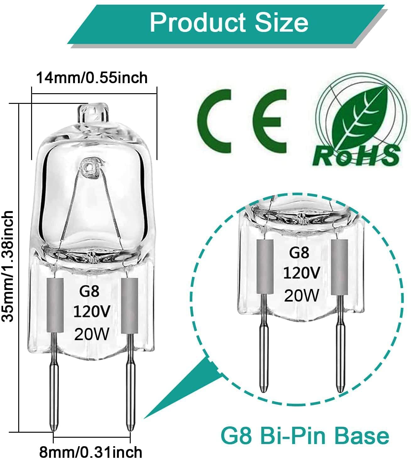 G8 Halogen Light Bulbs 20Watt 120Volt Halogen Bulbs Dimmable 2 Pin Xenon Bulb Warm White 2700K T4 JCD Type G8 Base Bi-Pin Shorter 1-3/8" (1.38") Length Under Cabinet Puck Lighting Replacements, 6Pack