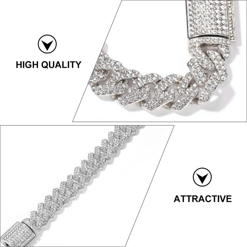 18mm Cuban Link Bracelet for Men Women, Bracelet Chain Curb Chain, Bling Rhinestone Bracelet Clasp Chain, Hip Hop Jewelry, Silver, 18x1.8cm (009316MNWRBR71MFV)