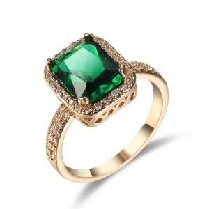 DCFSHEE Women's Classic Yellow Gold Plated Green Simulated Emerald Cocktail Solitaire Rings, Engagement Ring with Emerald Cut Gemstones CZ Birthstone Jewelery (US size 6)