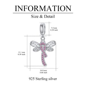 AOBOCO Breast Cancer Awareness Charm 925 Sterling Silver Dragonfly Pink Ribbon Charm Bead for Bracelet Breast Cancer Survivor Gifts for Women