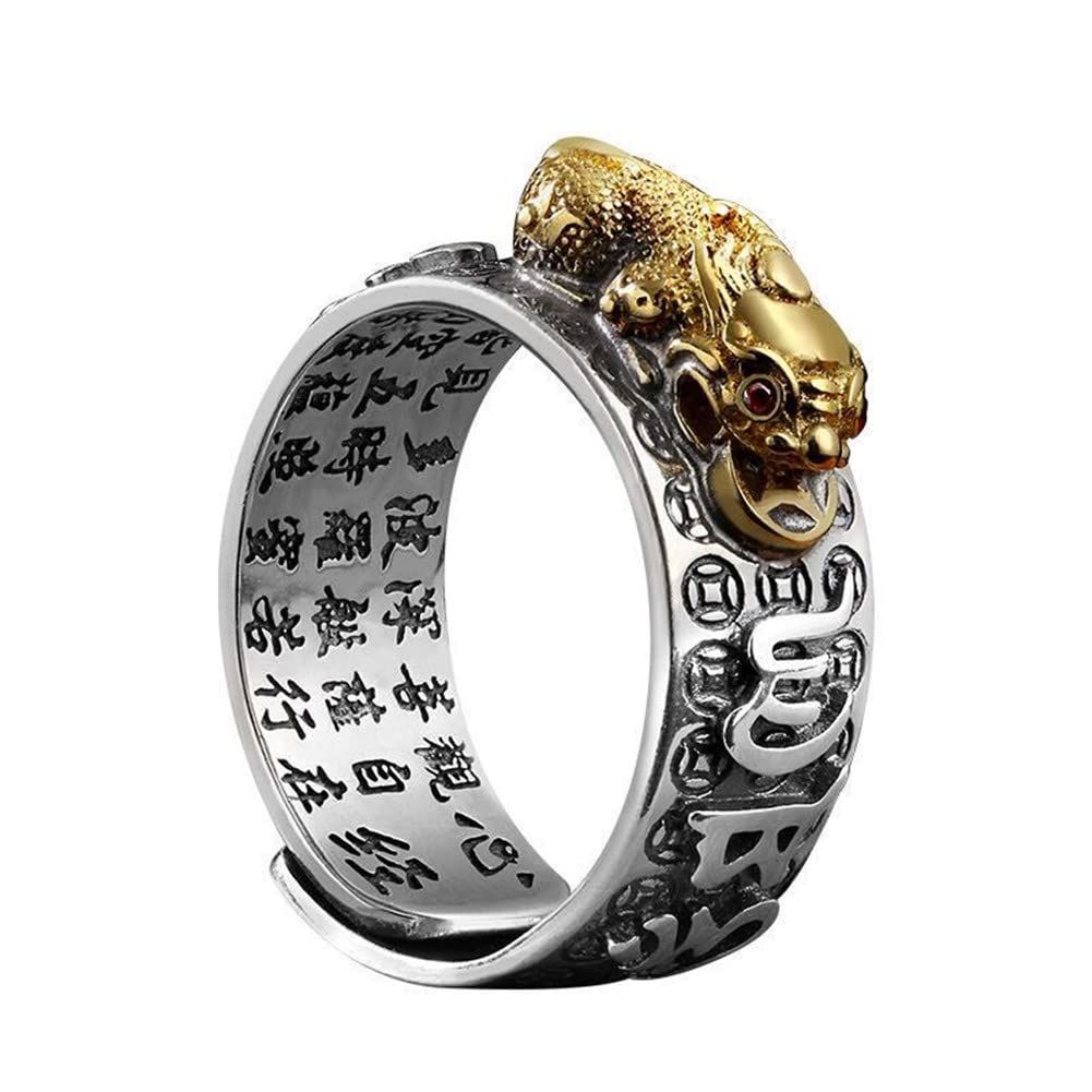 LiFashion Silver Feng Shui PiXiu Adjustable Ring for Unisex MANI Mantra Protection Wealth Ring Buddhist Bible Verse Adjusted Cuff Finger Band for Men Women