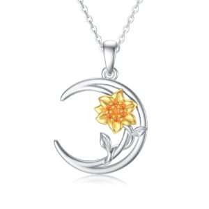 Rikelus 14K Gold Sunflower Necklaces for Women, White Gold Sunflower Moon Pendant Necklace Sunflower Jewellery Aniversary Gifts for Mom Ladies Girls 16"+2" (Sunflower)