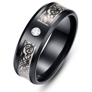 8mm Glow in The Dark Dragon Ring Black Stainless Steel Wedding Band Celtic Dragons CZ Aurora Luminous Ring (7)