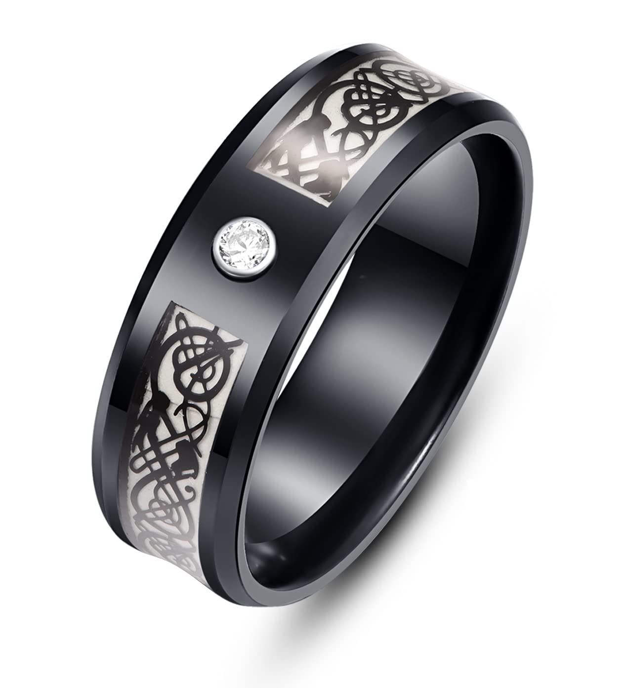 8mm Glow in The Dark Dragon Ring Black Stainless Steel Wedding Band Celtic Dragons CZ Aurora Luminous Ring (7)