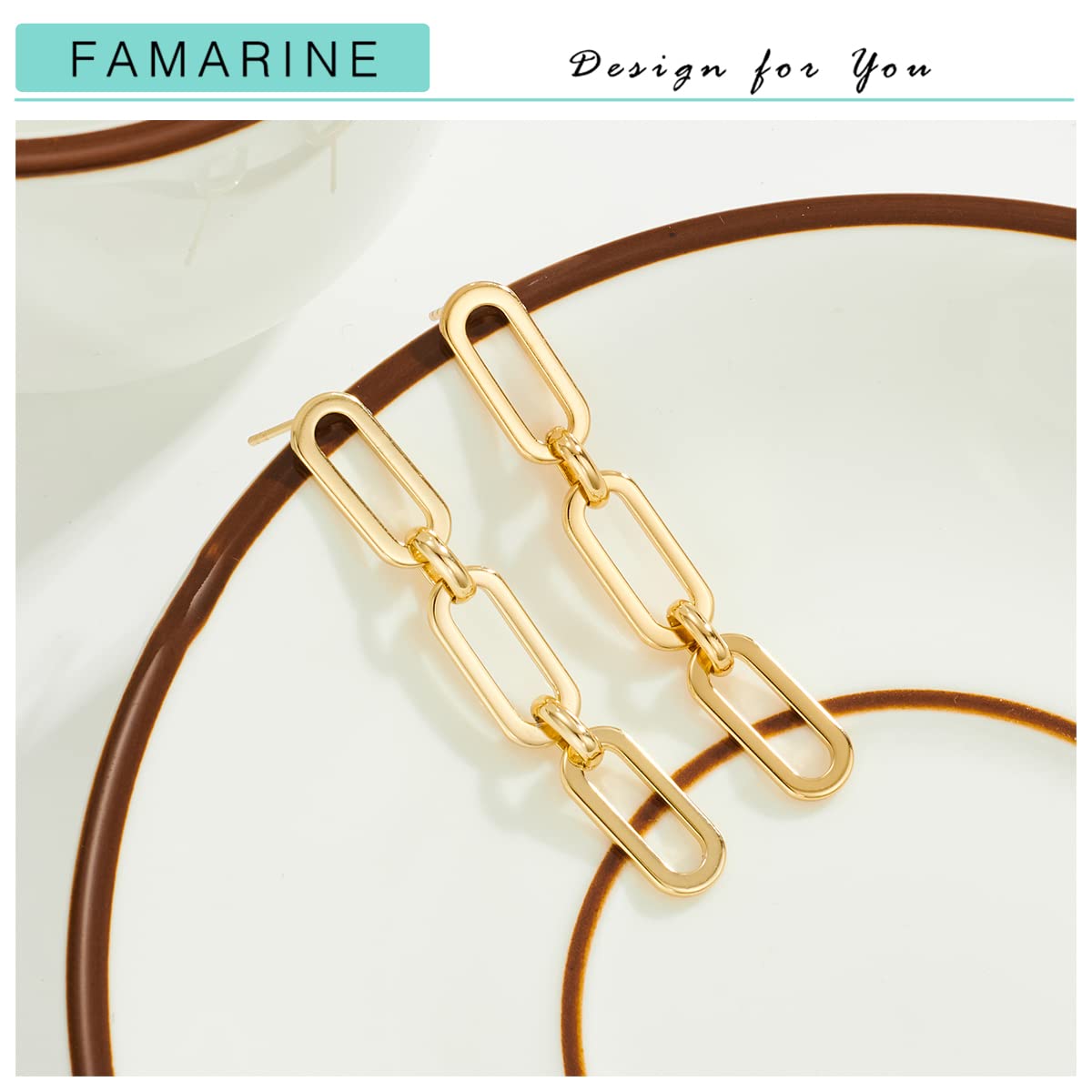 FAMARINE Gold Chain Drop Earrings for Women, 14K Real Gold Plated, 52mm Length, 7.5mm Width, Lightweight and Durable