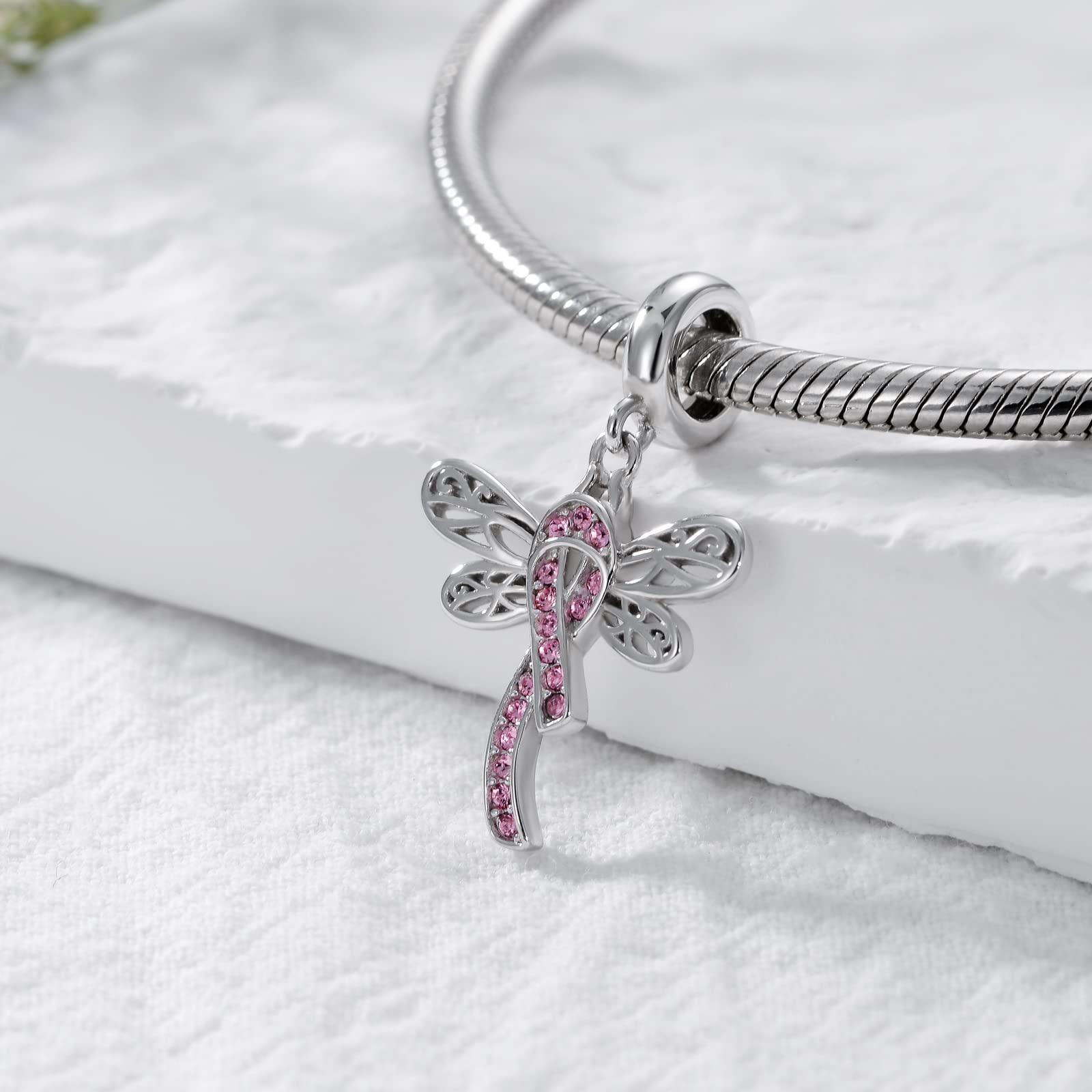 AOBOCO Breast Cancer Awareness Charm 925 Sterling Silver Dragonfly Pink Ribbon Charm Bead for Bracelet Breast Cancer Survivor Gifts for Women