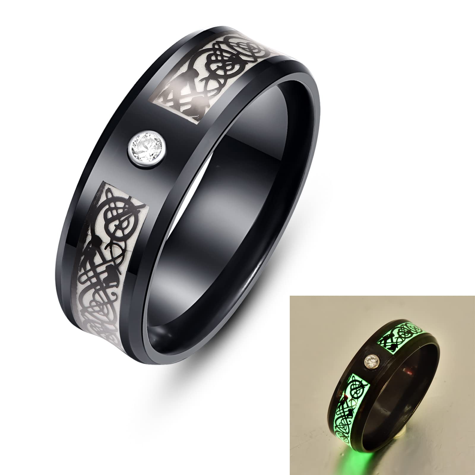 8mm Glow in The Dark Dragon Ring Black Stainless Steel Wedding Band Celtic Dragons CZ Aurora Luminous Ring (7)