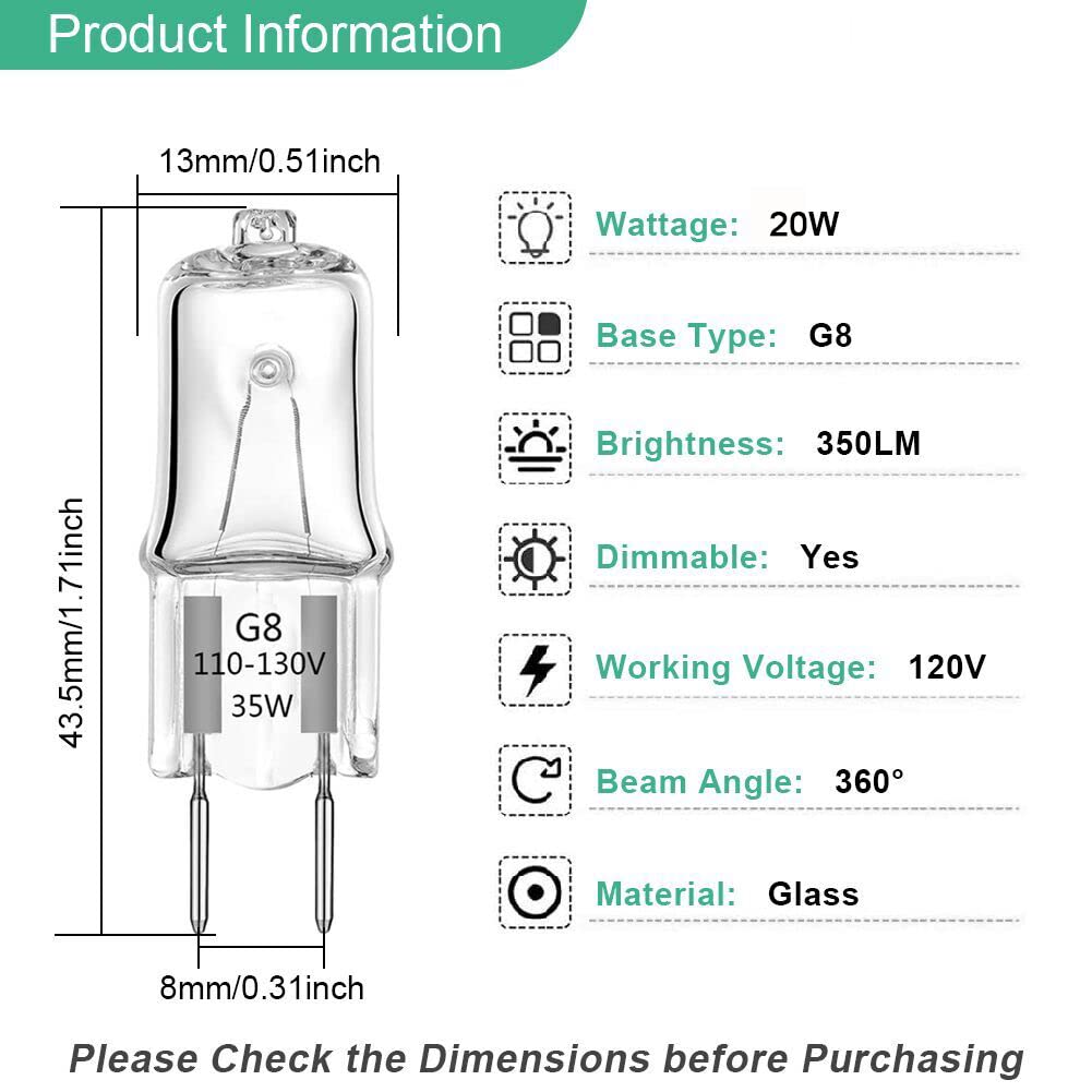 G8 Halogen Light Bulbs 20Watt 120Volt Halogen Bulbs Dimmable 2 Pin Xenon Bulb Warm White 2700K T4 JCD Type G8 Base Bi-Pin Shorter 1-3/8" (1.38") Length Under Cabinet Puck Lighting Replacements, 6Pack