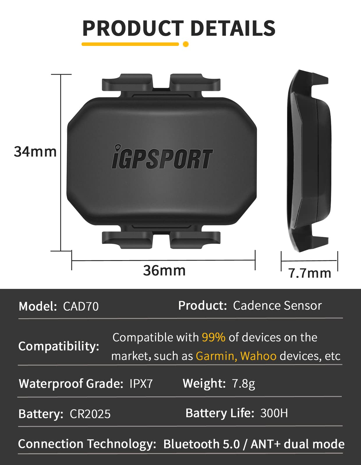 iGPSPORT Bike Cadence Sensor, Cycling RPM Monitor, Bluetooth ANT Compatible with Bike Computer Spin Bike Stationary Bikes