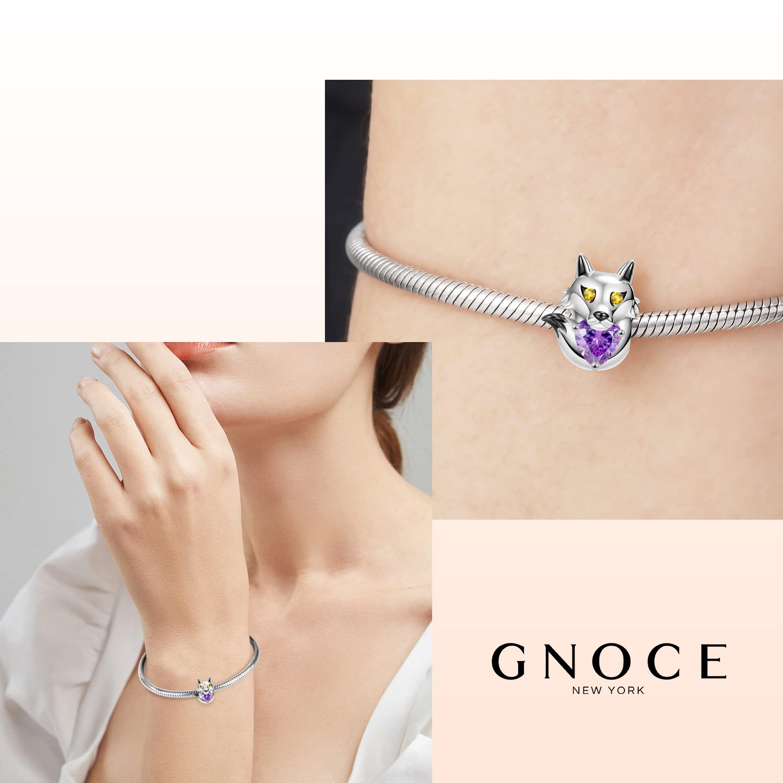 GNOCE Cute Animals Embraces Heart Charms Bead 925 Sterling Silver Gemstone Charm Jewelry Gift For Women Wife Fit Snake Chain Bracelets/Necklace (Wolf)