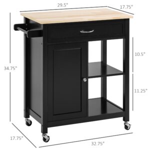 HOMCOM Kitchen Island Cart, Rolling Kitchen Island with Storage Shelf, Solid Wood Top, Drawer, for Dining Room, Black