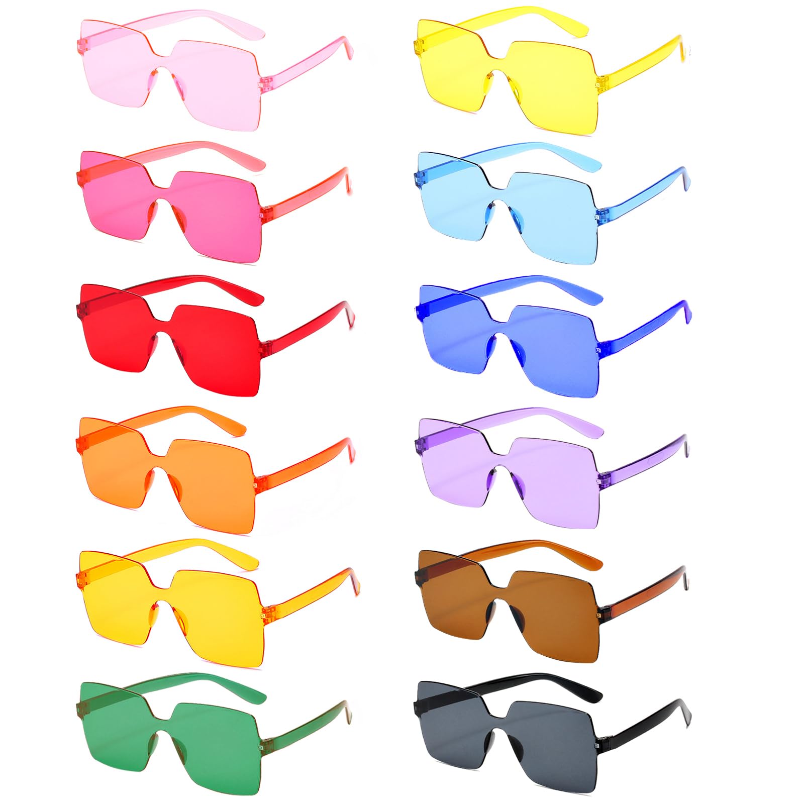 Pibupibu 12 Pack Square Rimless Party Sunglasses Bulk, Transparent Tinted One Piece Colorful Sunglasses for Adult Teens, Candy Color