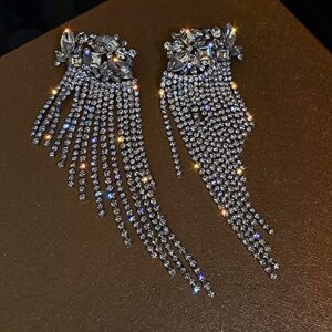 Octwine Long Tassel Full Bling Bling Fashion Crystal Rhinestone Drop Earrings Oversized Wedding Prom Party Long Rhinestone Earrings for Women