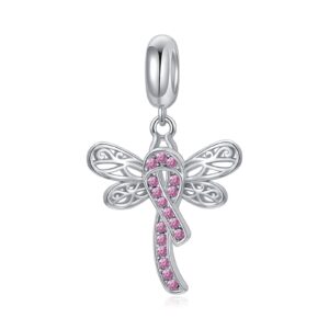 AOBOCO Breast Cancer Awareness Charm 925 Sterling Silver Dragonfly Pink Ribbon Charm Bead for Bracelet Breast Cancer Survivor Gifts for Women