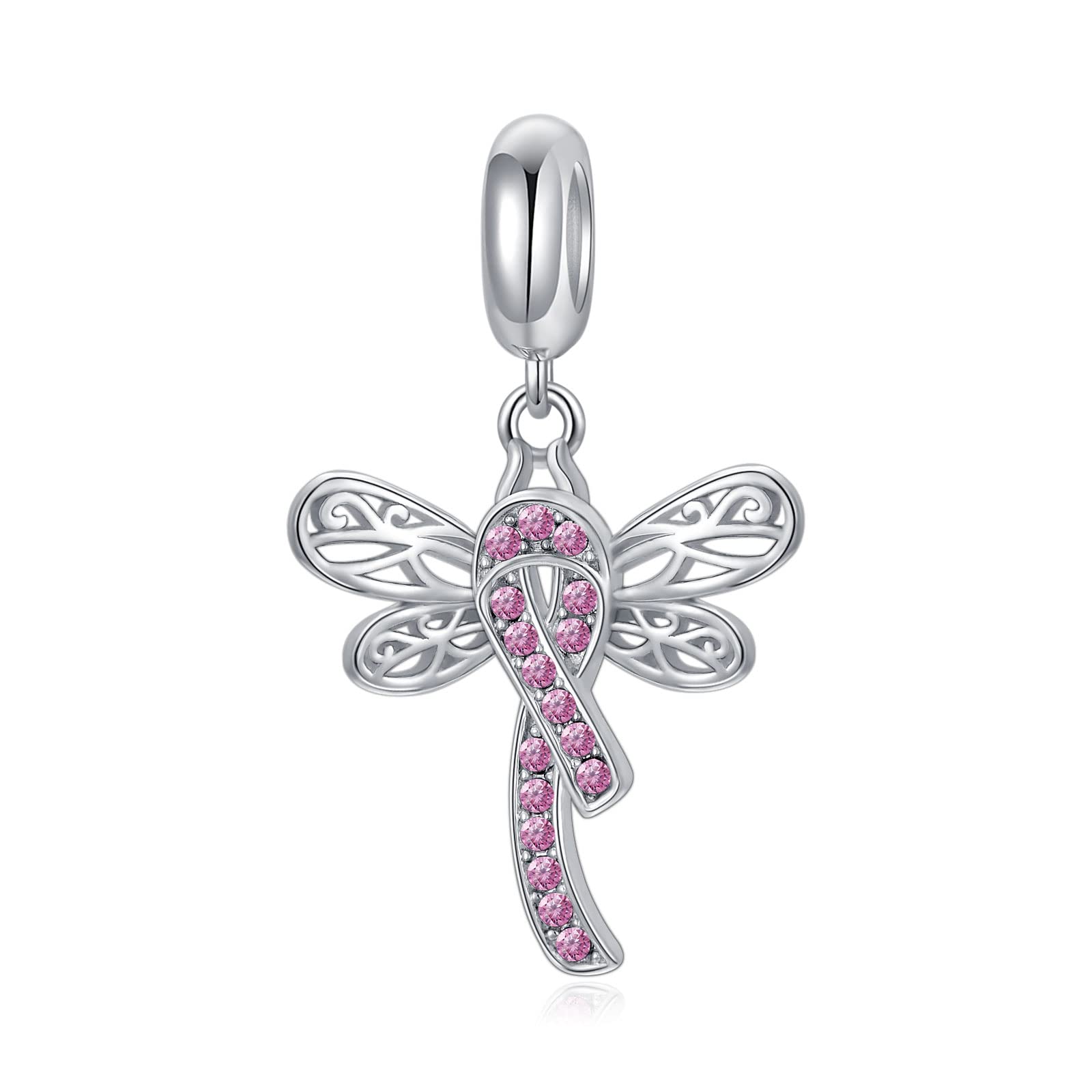 AOBOCO Breast Cancer Awareness Charm 925 Sterling Silver Dragonfly Pink Ribbon Charm Bead for Bracelet Breast Cancer Survivor Gifts for Women