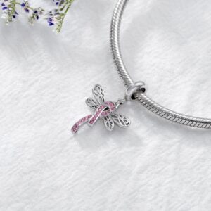 AOBOCO Breast Cancer Awareness Charm 925 Sterling Silver Dragonfly Pink Ribbon Charm Bead for Bracelet Breast Cancer Survivor Gifts for Women