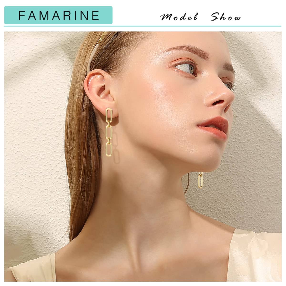 FAMARINE Gold Chain Drop Earrings for Women, 14K Real Gold Plated, 52mm Length, 7.5mm Width, Lightweight and Durable