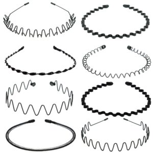 Ayesha 8 Pcs Metal Headbands for Men Curly Hair Bands Zig Zag Headbands Black Headbands for Face Washing Sport Workout Yoga