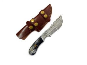 titan international knives damascus hunting and camping knife | fixed blade survival knive handmade 1095 4340 carbon mix hand pounded | bolster and dyed bone handle with leather sheath perfect for outdoors