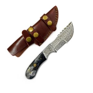 Titan International Knives Damascus Hunting and Camping Knife | Fixed Blade Survival Knive Handmade 1095 4340 Carbon Mix Hand Pounded | Bolster and Dyed Bone Handle with Leather Sheath Perfect for Outdoors