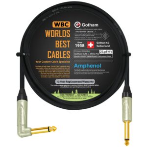 6 foot - gotham gac-1 ultra pro (black) - premium, low-capacitance (21 pf/f) guitar bass instrument cable - amphenol qm2r-au & qm2p-au ¼ inch (6.35mm) gold ts connectors