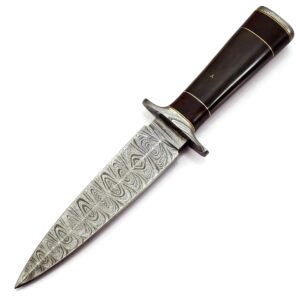 Nooraki DK-347 Handmade Damascus Steel Fixed Blade Dagger Knife with Leather Sheath, Multipurpose Knife with Coloured Bone and Rosewood Handle for Hunting, Hiking, Camping, Survival, 11 length