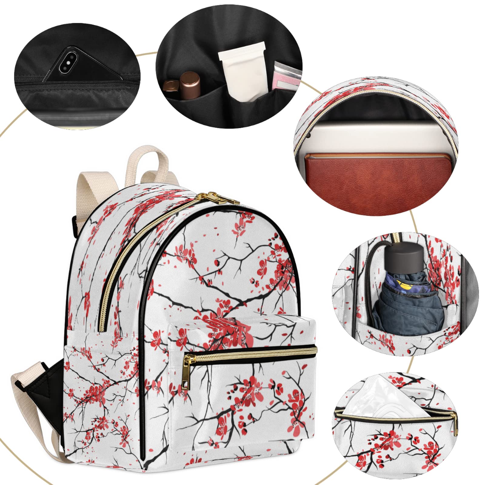 Japan Cherry Blossoms Mini Backpack Purse for Women, Cherry Blossoms Flowers Leather Small Backpack Casual Travel Daypacks Shoulder Bag for Girls Teen