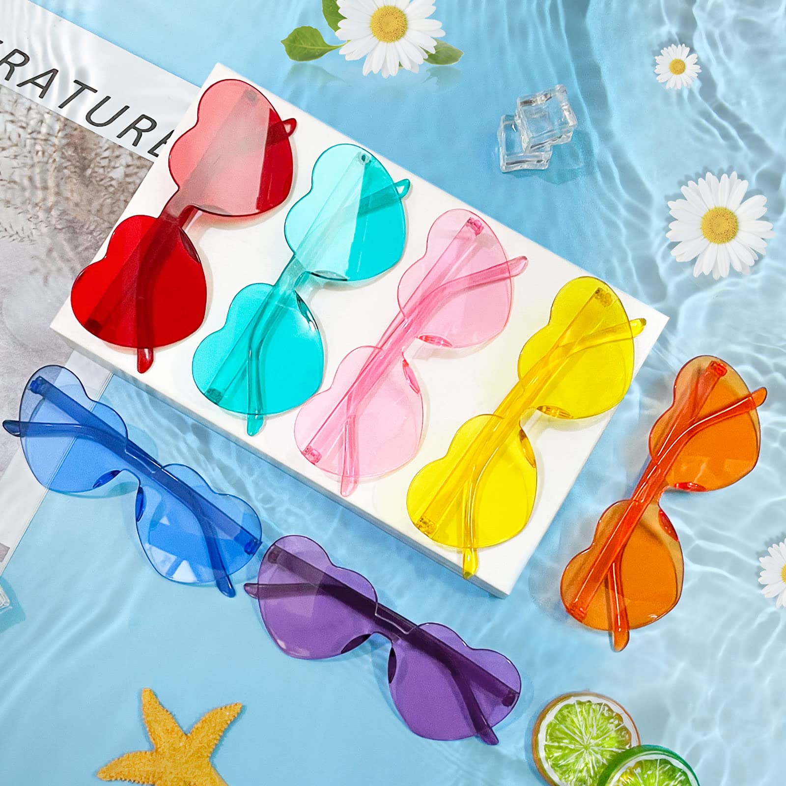 Pibupibu 12 Pack Colorful Heart Shaped Sunglasses for Women Bulk Rimless Glasses Transparent Bachelorette Party Favors