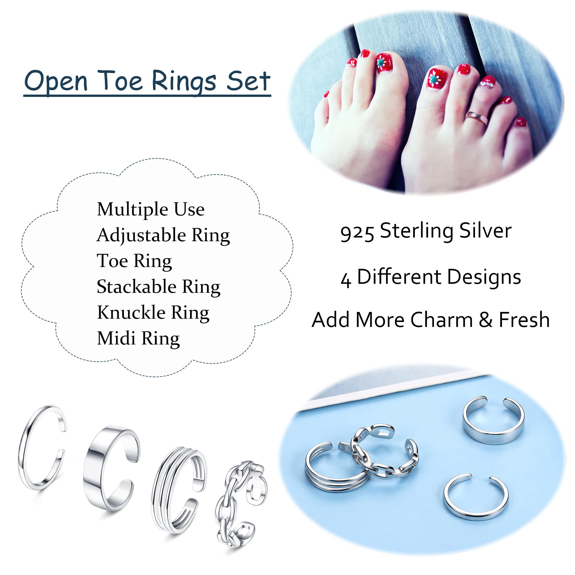 ORAZIO 925 Sterling Silver Toe Rings For Women Adjustable Triple Band Toe Ring Set Cute Toe Rings Jewelry