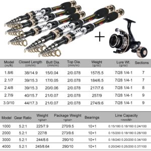 Sougayilang Fishing Pole Kit, Telescopic Fishing Rod and Reel Combo with Spinning Reel, Fishing Gear Set for Beginner Adults Saltwater Freshwater-2.4M Rod with 3000 Reel