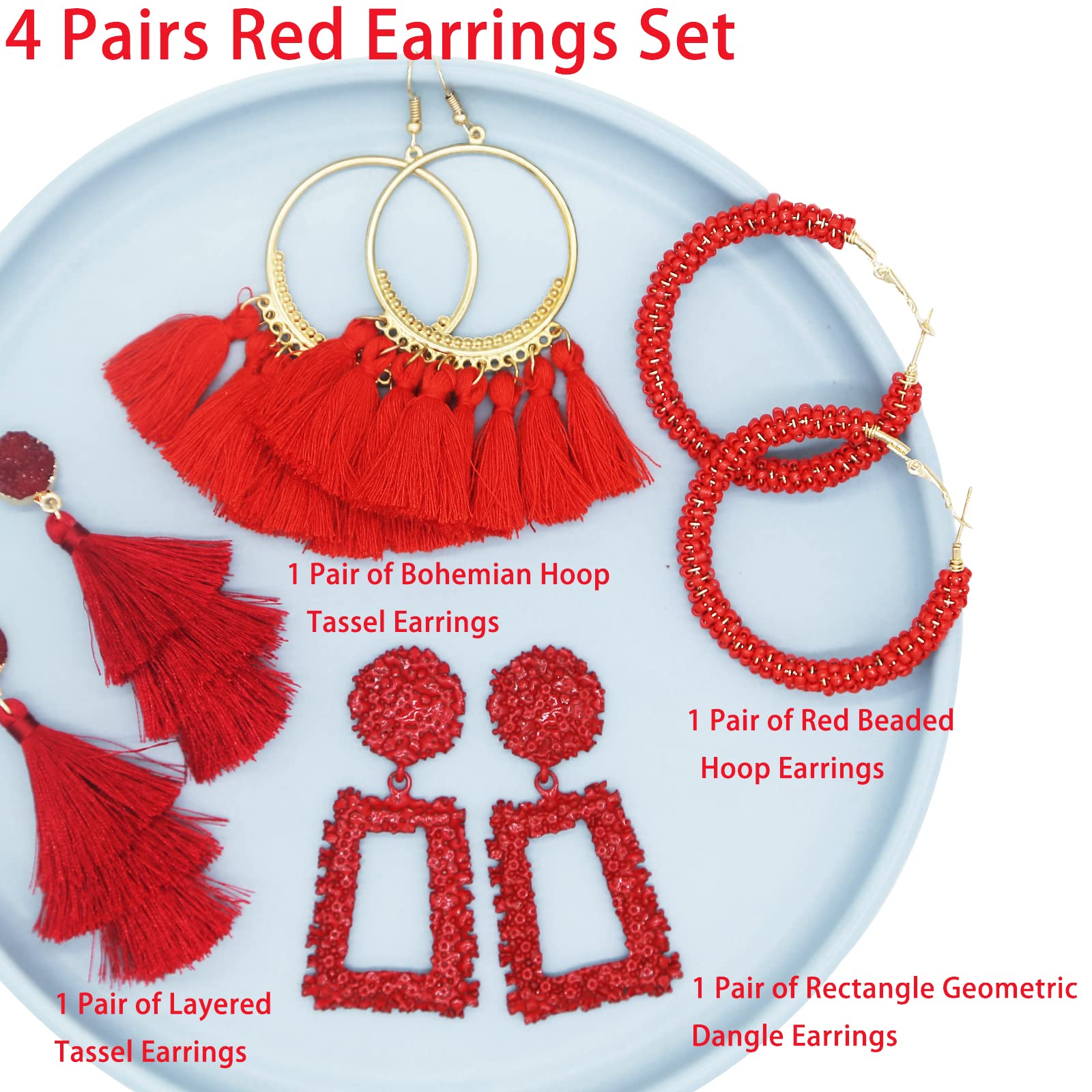 PRENDI 4 Pairs Red Earrings for Women Layered Tassel Earrings Bohemian Hoop Tassel Earrings Red Beaded Hoop Earrings (Red)