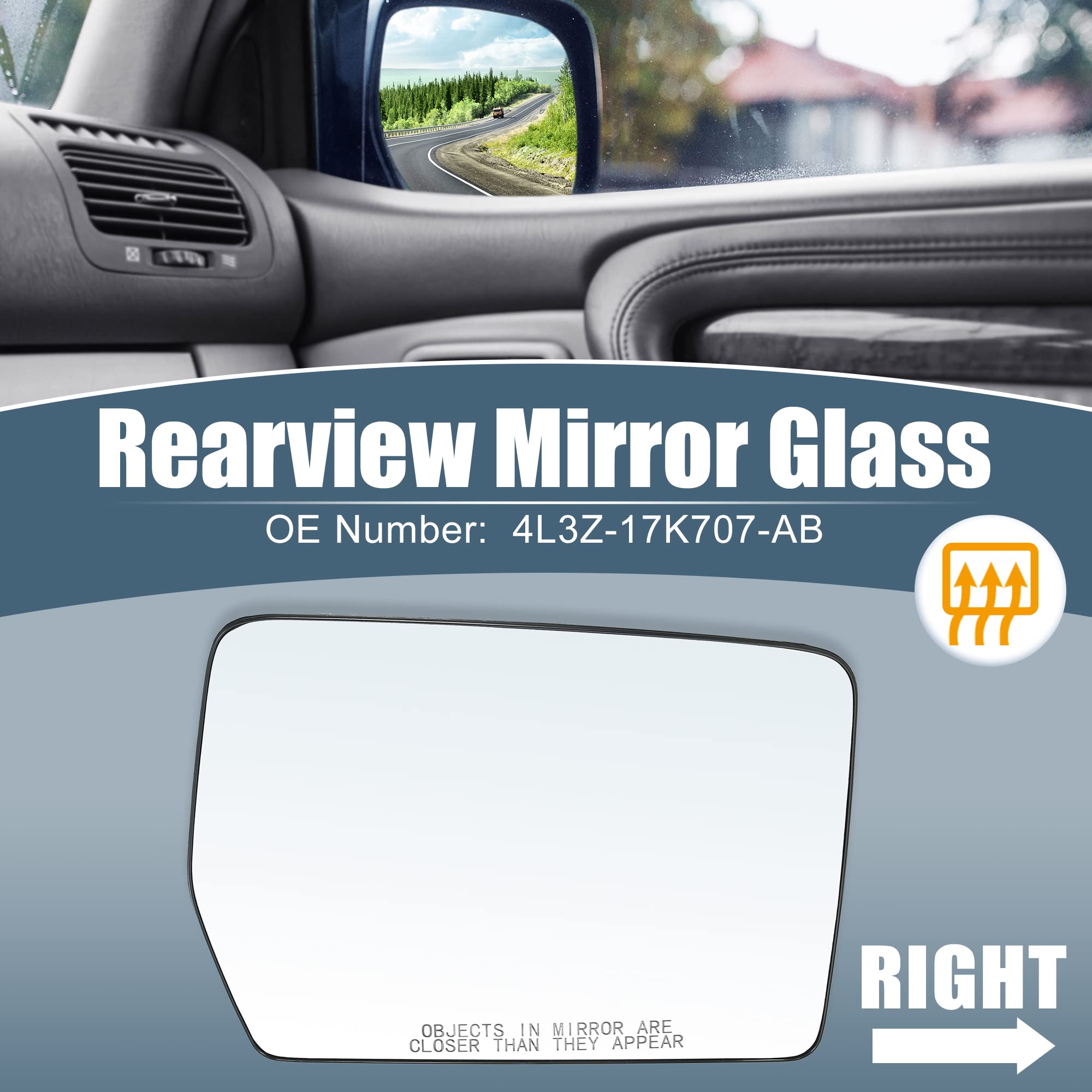 A ABSOPRO Heated Mirror Glass 4L3Z-17K707-AB with Backing Plate Passenger Right Side Mirror Replacement Glass for Ford F150 2004 2005 2006 2009 2010