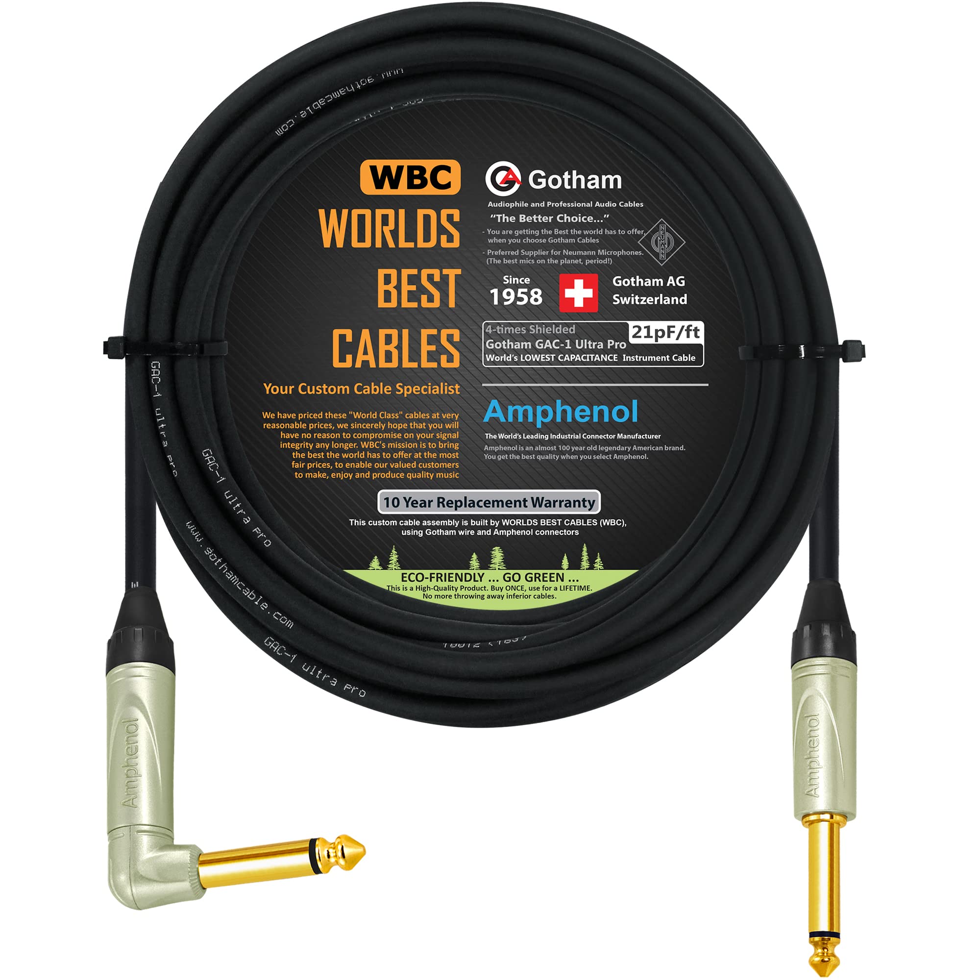 18 Foot - Gotham GAC-1 Ultra Pro (Black) - Premium, Low-Capacitance (21 pf/F) Guitar Bass Instrument Cable - Amphenol QM2R-AU & QM2P-AU ¼ Inch (6.35mm) Gold TS Connectors