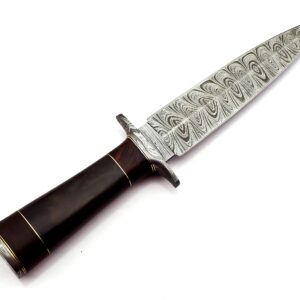 Nooraki DK-347 Handmade Damascus Steel Fixed Blade Dagger Knife with Leather Sheath, Multipurpose Knife with Coloured Bone and Rosewood Handle for Hunting, Hiking, Camping, Survival, 11 length