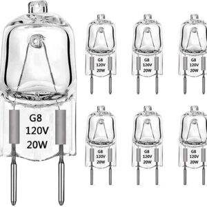 G8 Halogen Light Bulbs 20Watt 120Volt Halogen Bulbs Dimmable 2 Pin Xenon Bulb Warm White 2700K T4 JCD Type G8 Base Bi-Pin Shorter 1-3/8" (1.38") Length Under Cabinet Puck Lighting Replacements, 6Pack