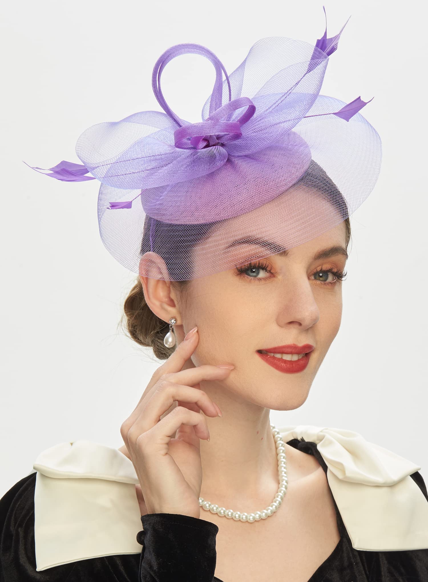 Cizoe Tea Party Fascinator Kentucky Derby Hat Fascinator Pillbox Hat Headband for Cocktail(A-purple